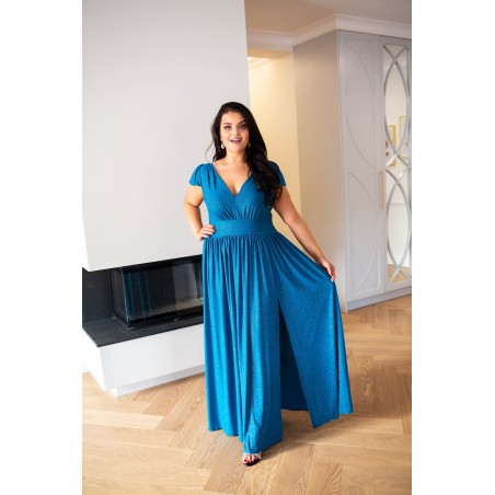 Sukienka maxi PLUS SIZE brokatowa Porscha turkusowa